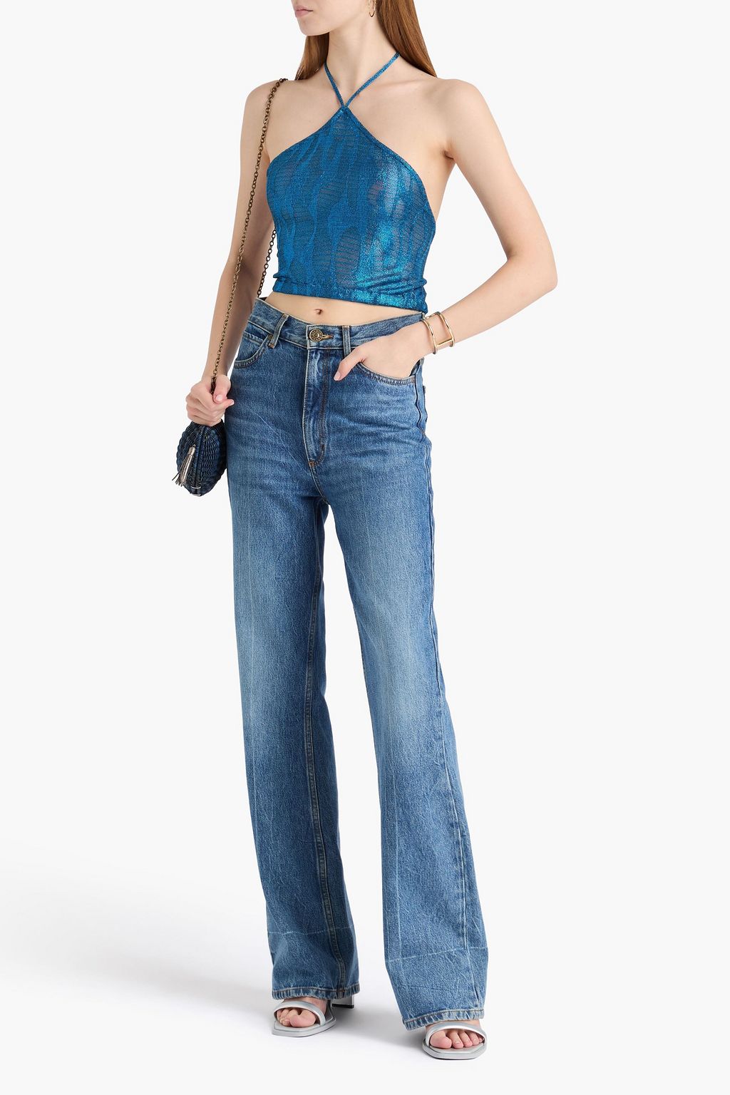 MISSONI بلوزة قصيرة بياقة هالتر الدائرية من نسيج بحبكة كروشيه ولون ميتاليك