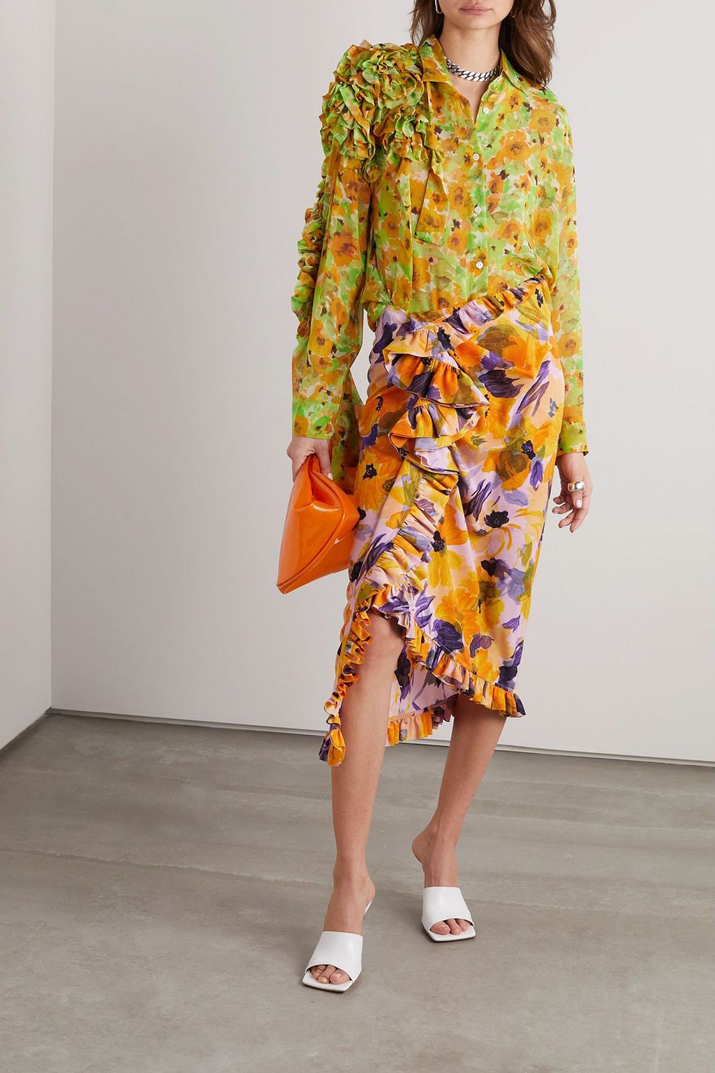 DRIES VAN NOTEN قميص من حرير الشيفون بطبعات أزهار وكشاكش
