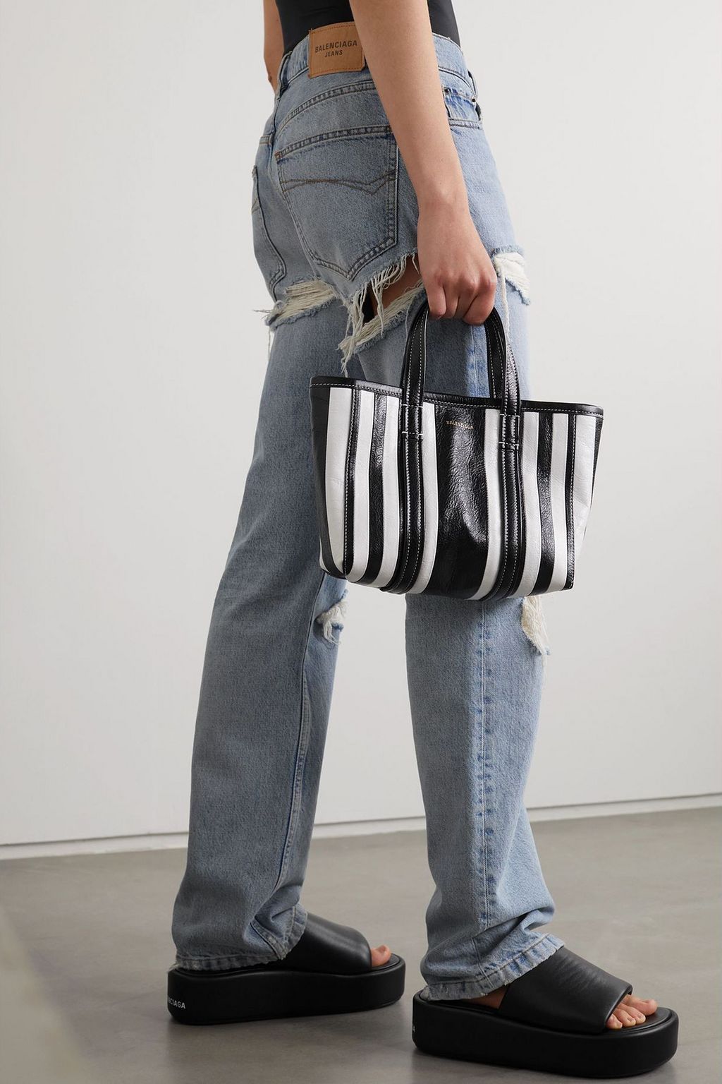 BALENCIAGA Barbes East-West small striped leather tote
