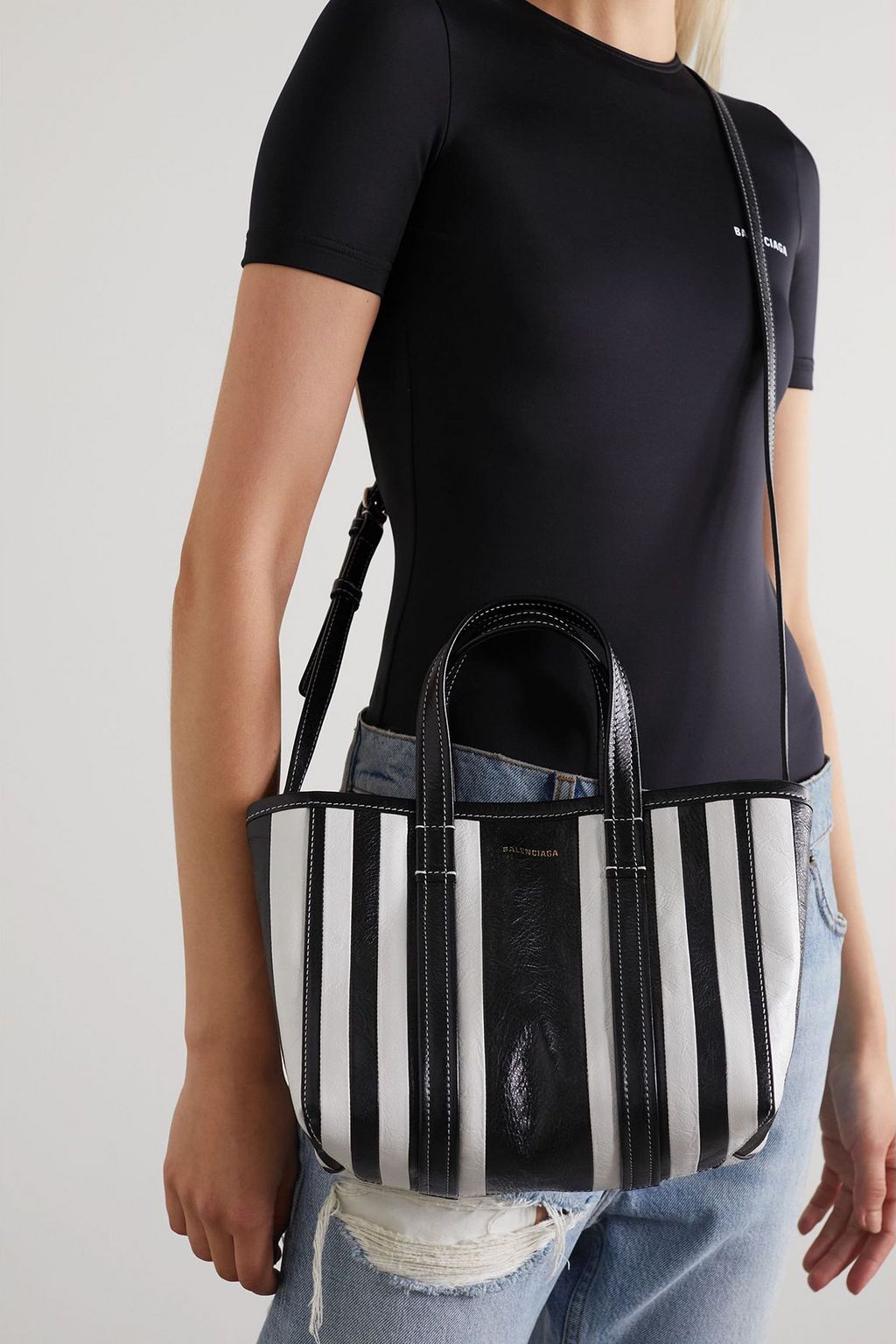 BALENCIAGA Barbes East-West small striped leather tote