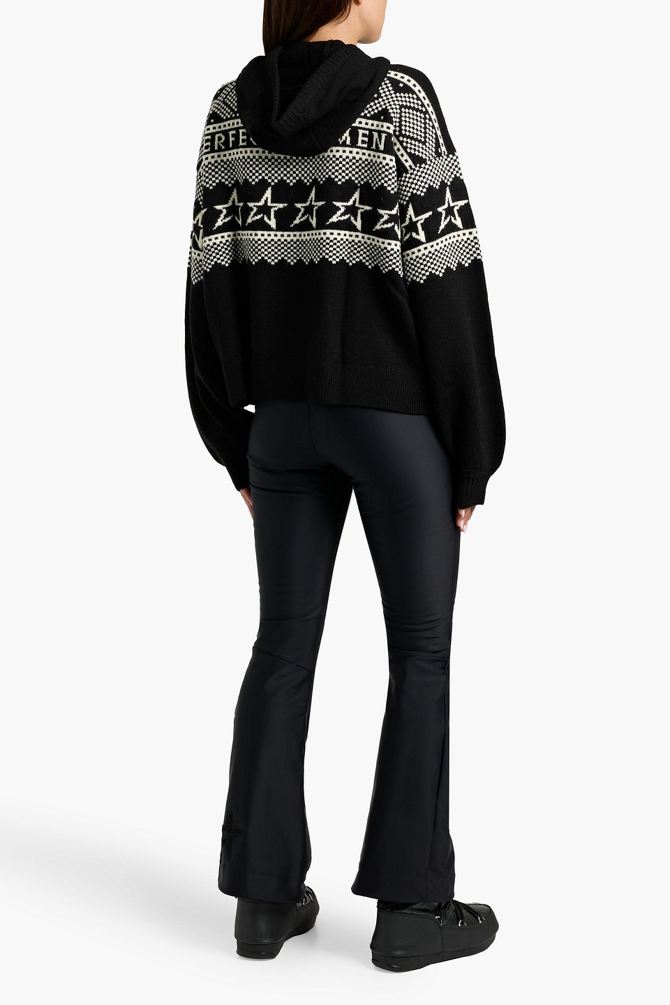 Perfect Moment Intarsia Merino Wool Hooded Sweater In Black