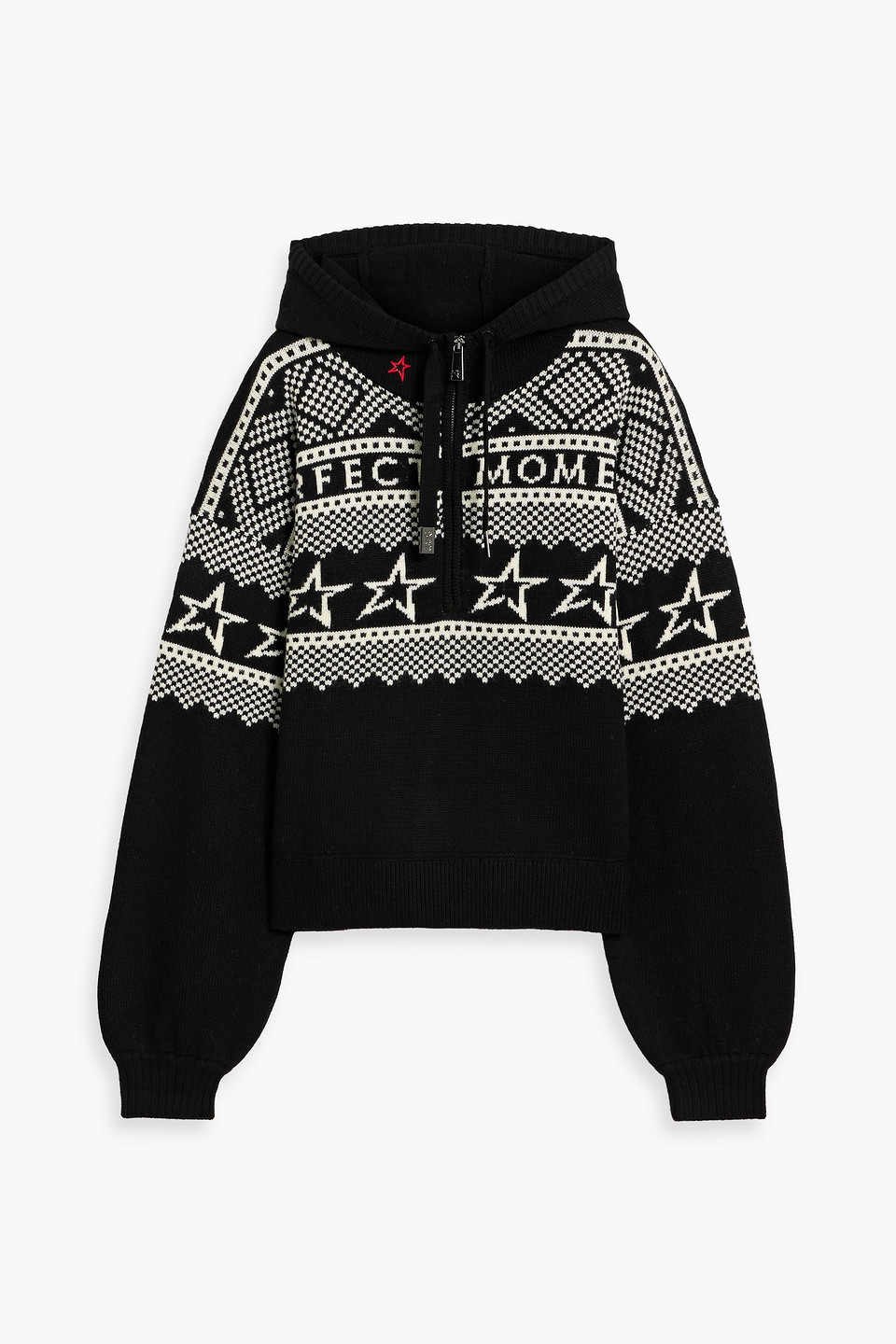 Perfect Moment Intarsia Merino Wool Hooded Sweater In Black