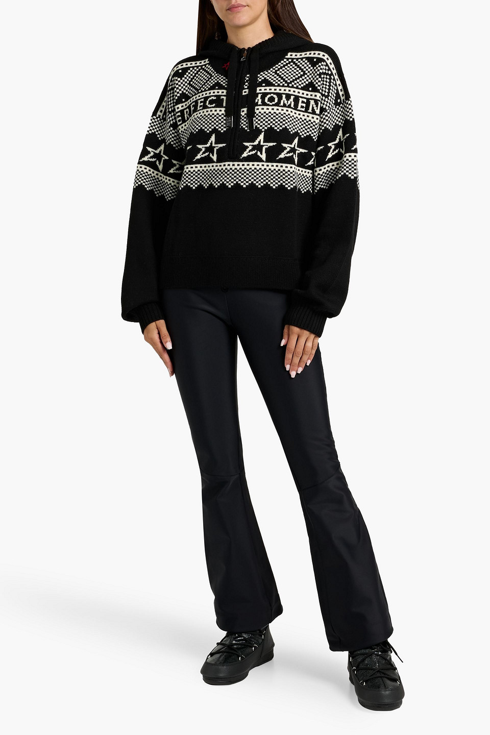 Perfect Moment Intarsia Merino Wool Hooded Sweater In Black