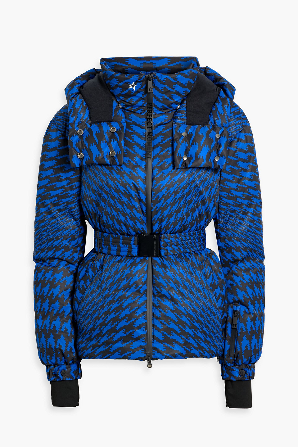 Perfect Moment Candice Quilted Printed Hooded Down Ski Jacket In Blue