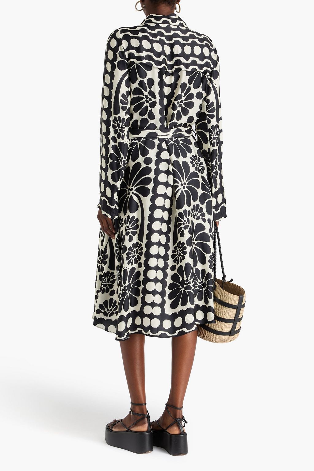 FARM RIO Bead-embellished printed satin midi shirt dress