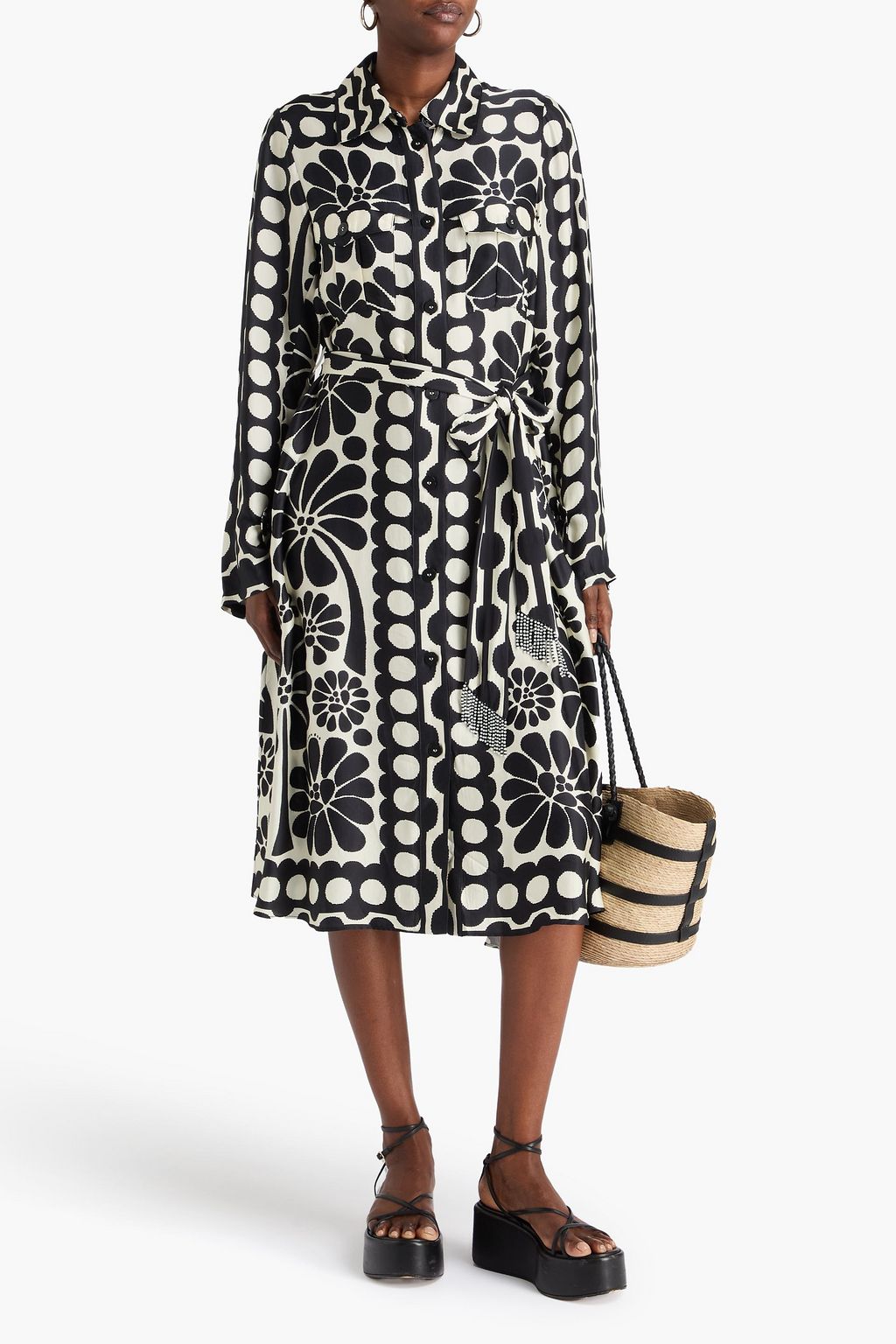 FARM RIO Bead-embellished printed satin midi shirt dress