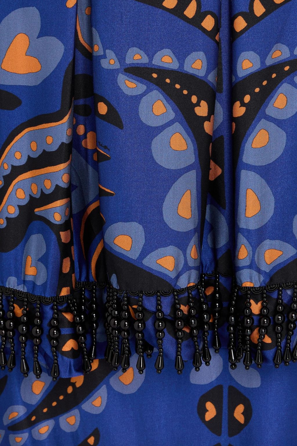 FARM RIO Fringed bead-embellished printed satin midi skirt