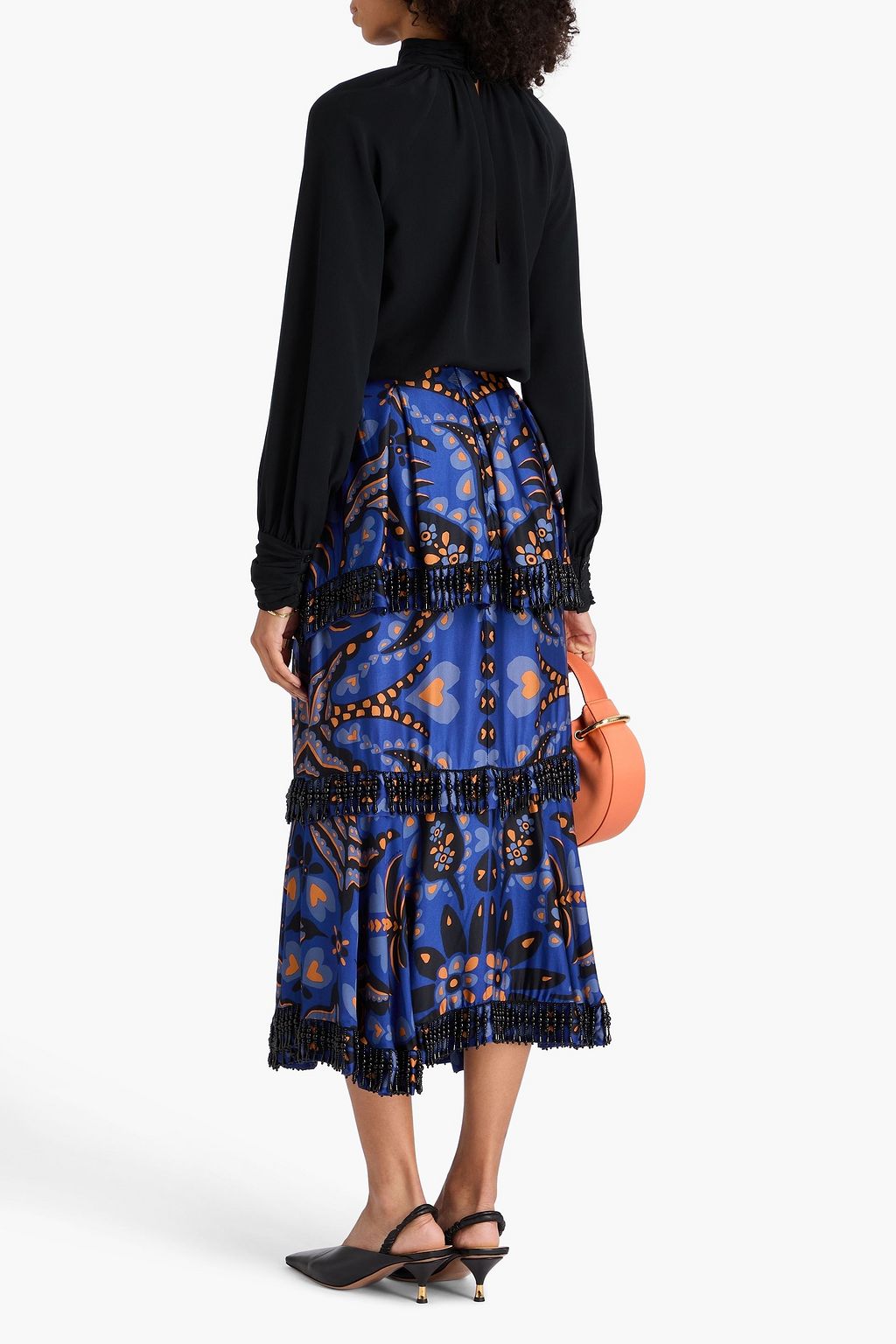 FARM RIO Fringed bead-embellished printed satin midi skirt