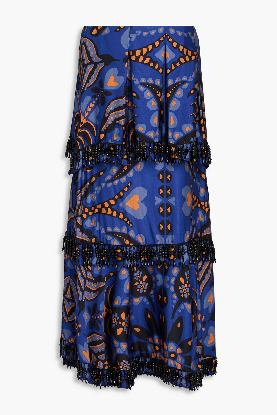 farm rio - fringed bead-embellished printed satin midi skirt - blue - l
