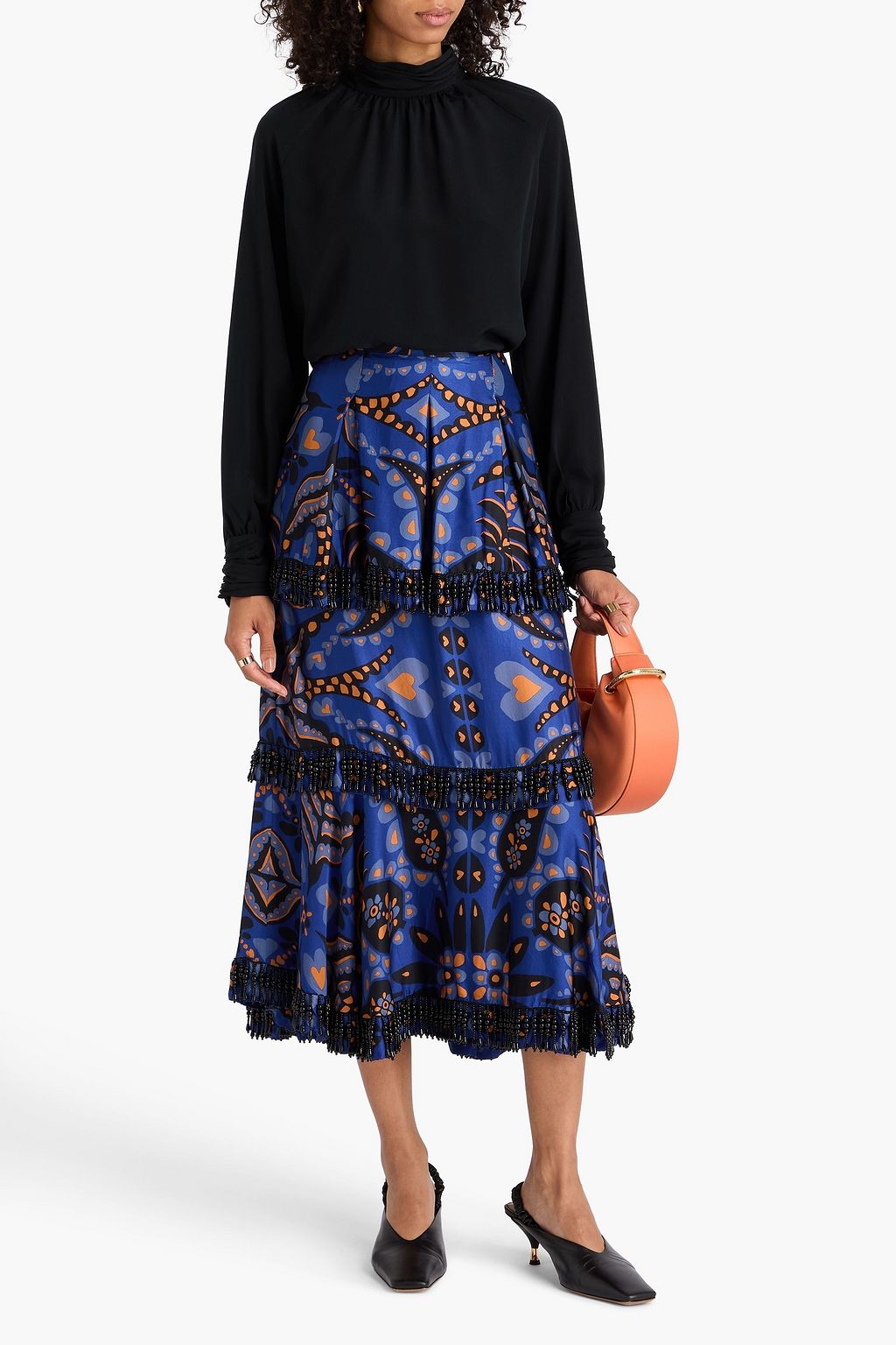 FARM RIO Fringed bead-embellished printed satin midi skirt