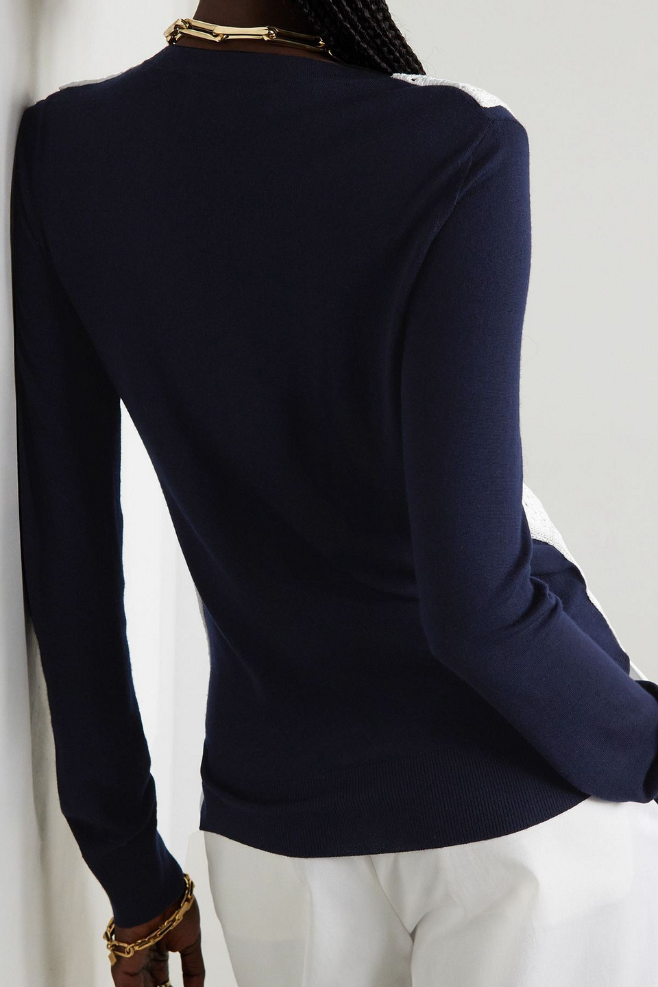  Partow - Myla Pullover Aus Einer Merinowoll-seidenmischung Mit Besatz Aus Baumwolle In Lochstrick - Blau - M 