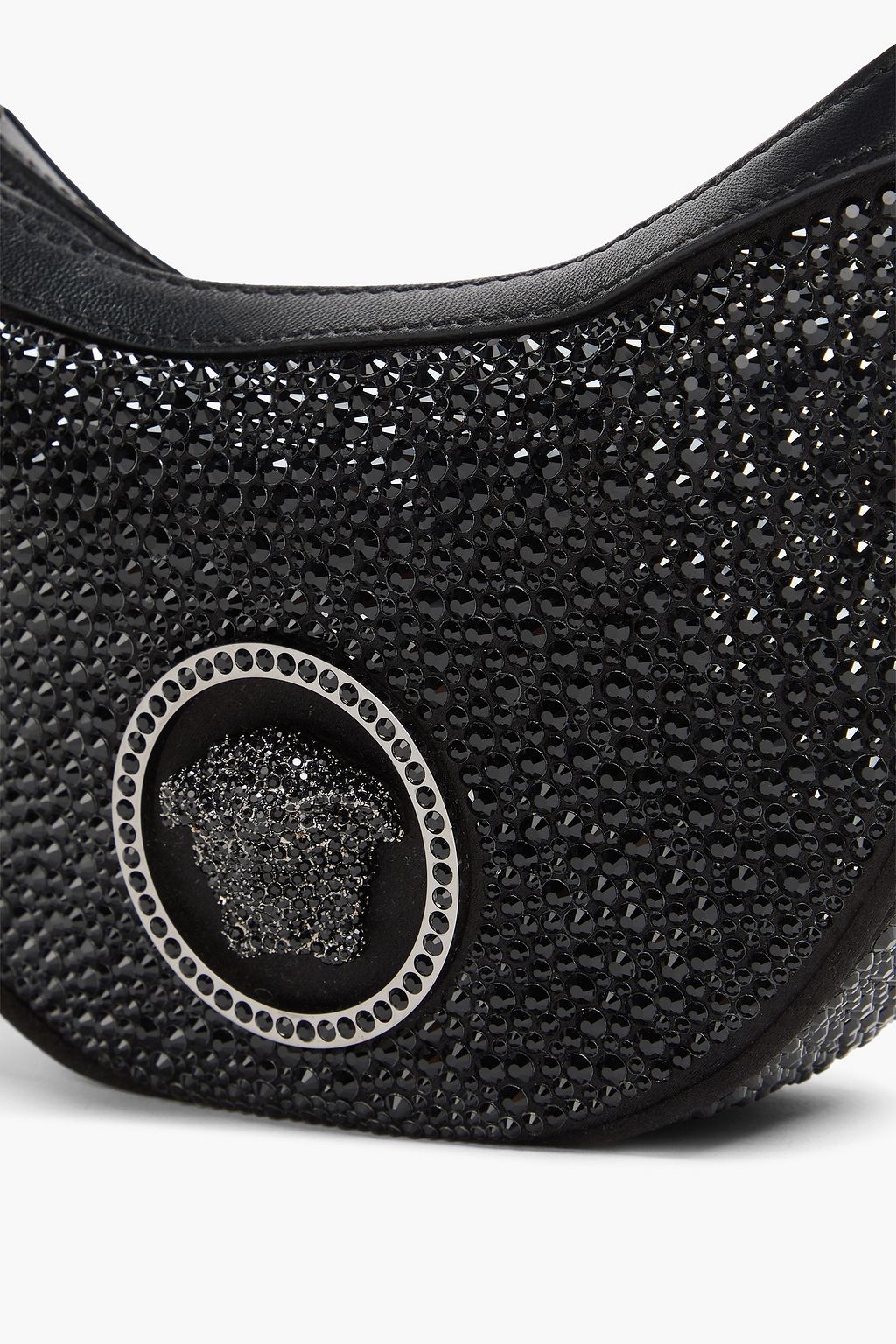 VERSACE Crystal-embellished satin and leather shoulder bag