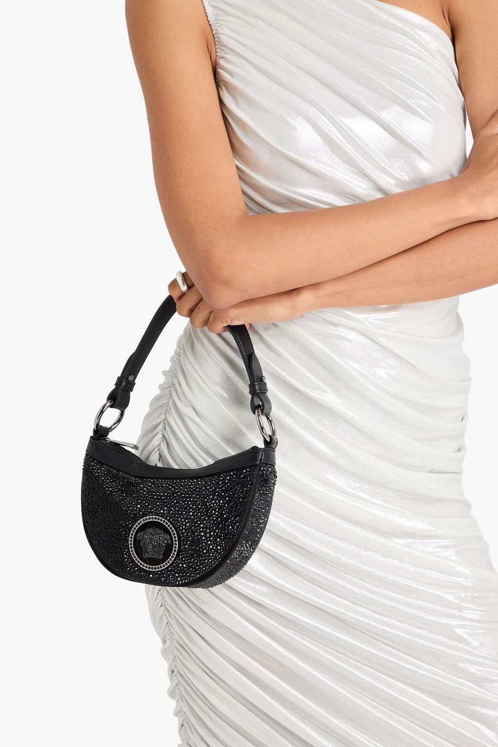 VERSACE Crystal-embellished satin and leather shoulder bag