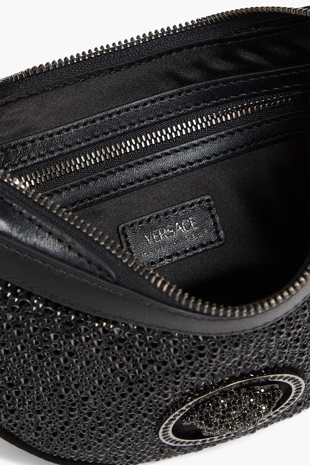 VERSACE Crystal-embellished satin and leather shoulder bag