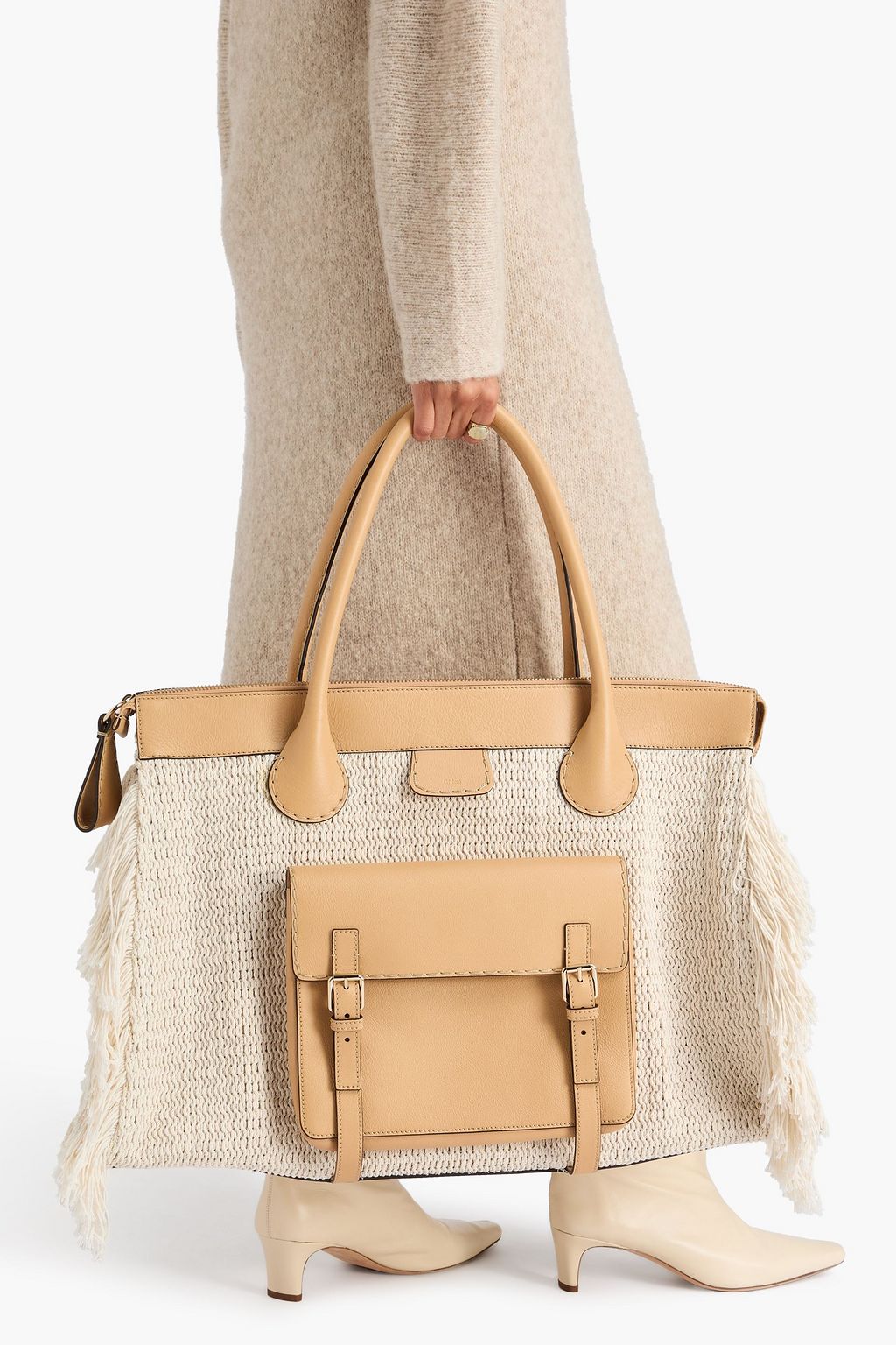 CHLOÉ Edith fringed crochet and leather weekend bag