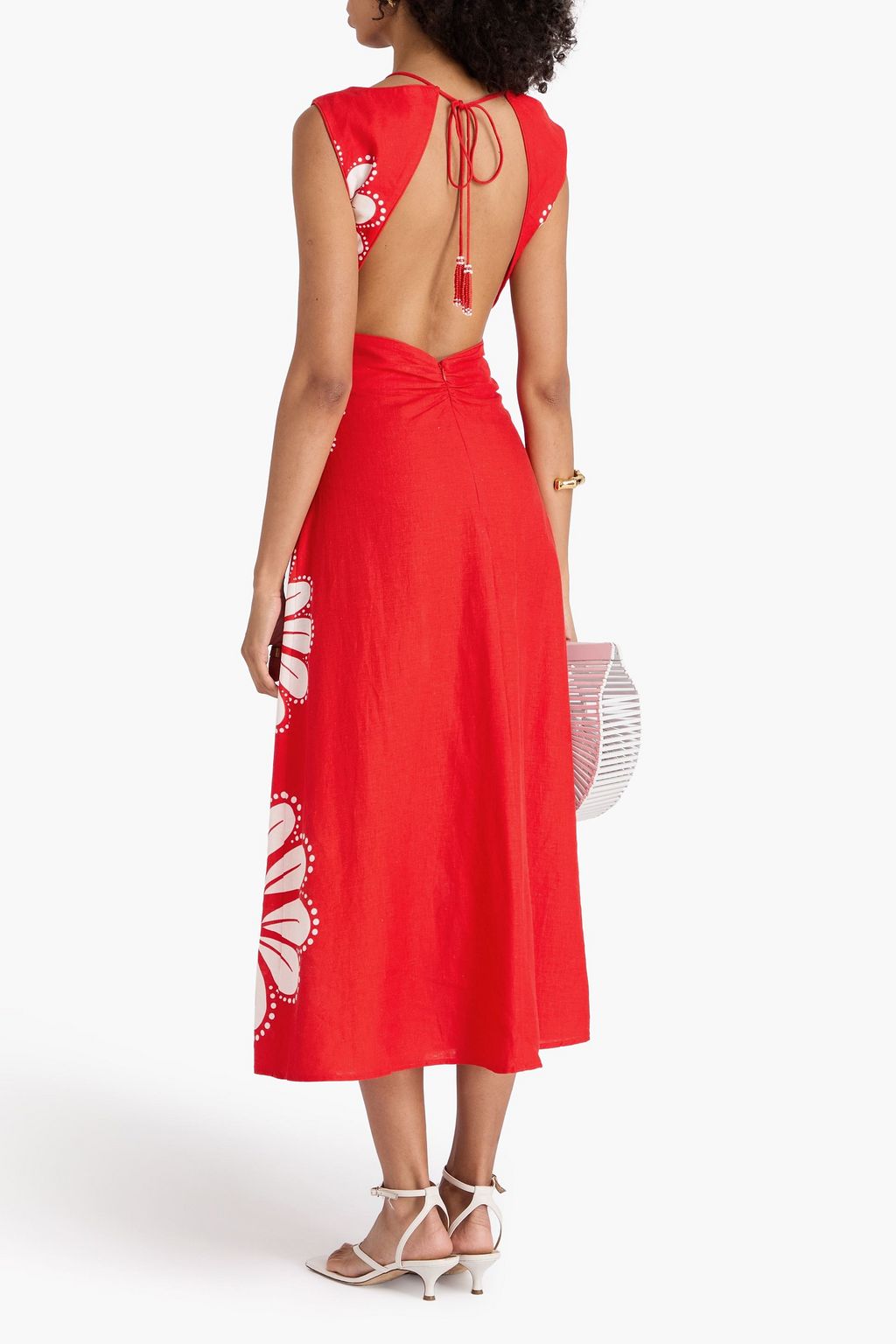 FARM RIO Embellished floral-print cutout linen-blend midi dress