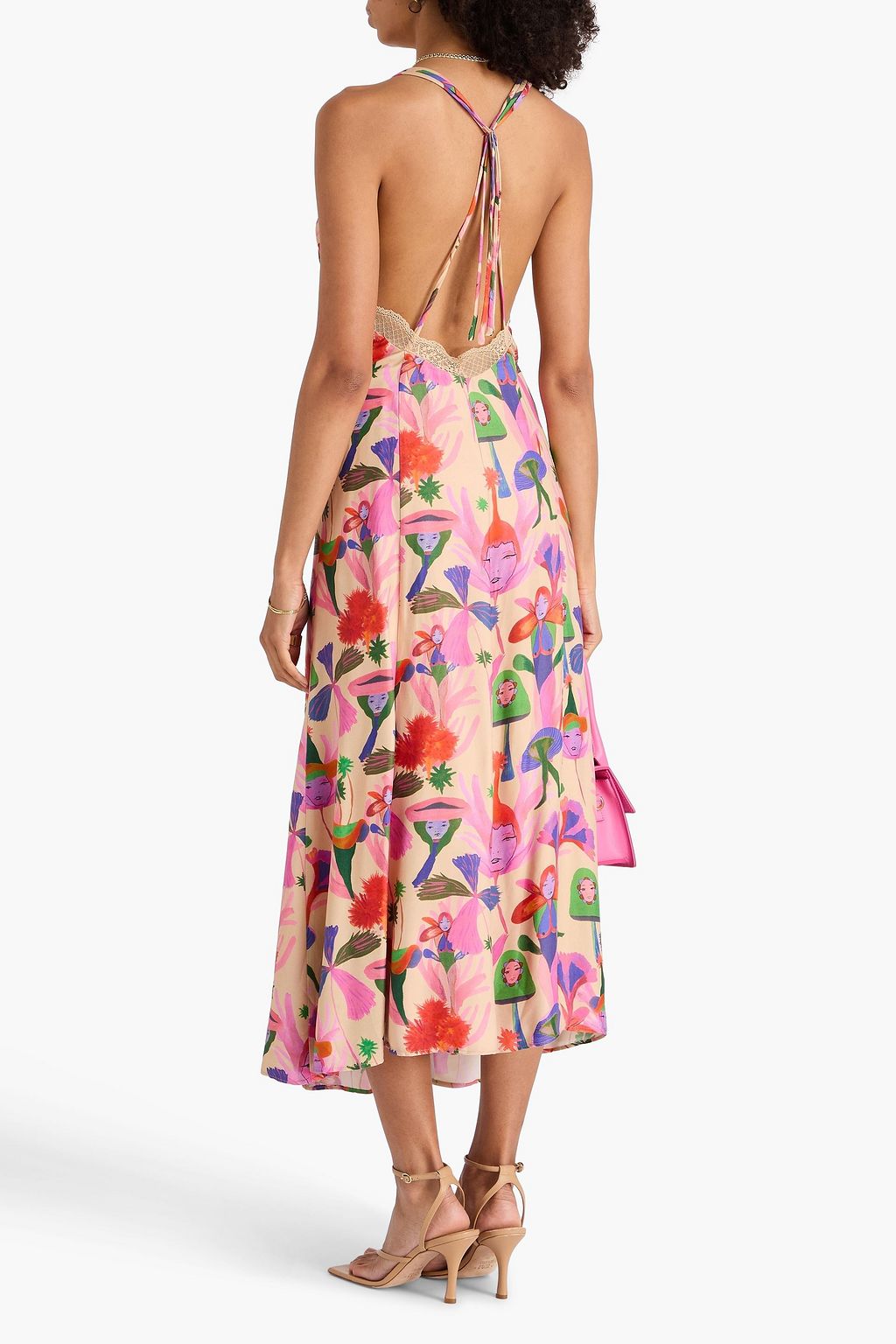 FARM RIO Lace-trimmed printed satin midi dress