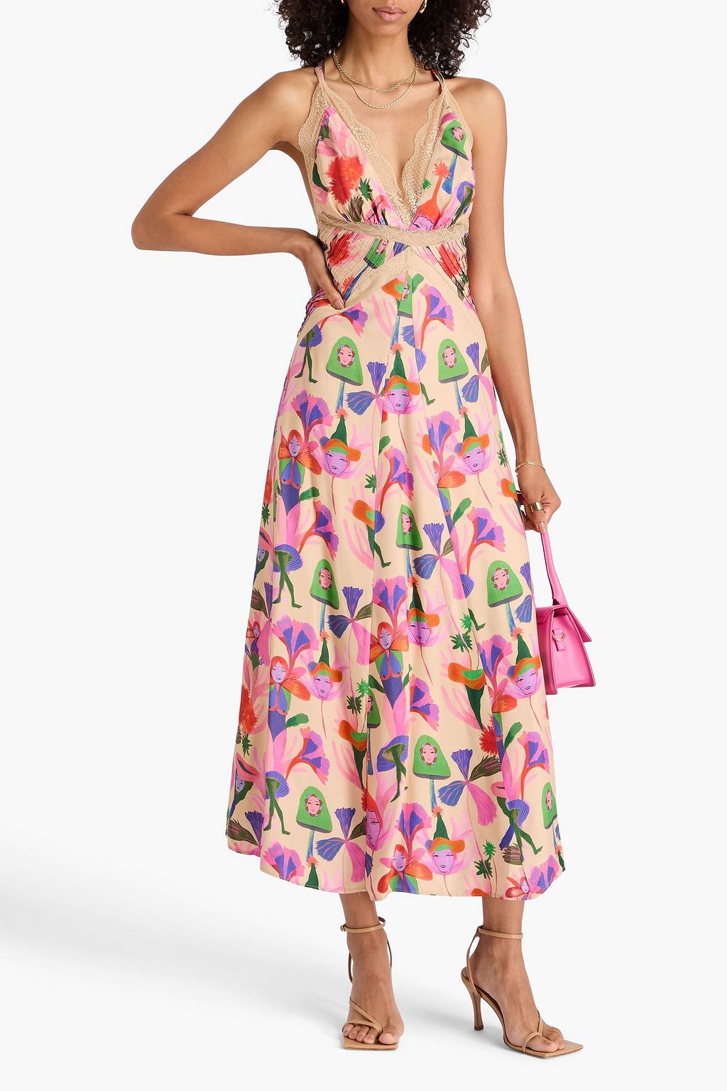 FARM RIO Lace-trimmed printed satin midi dress