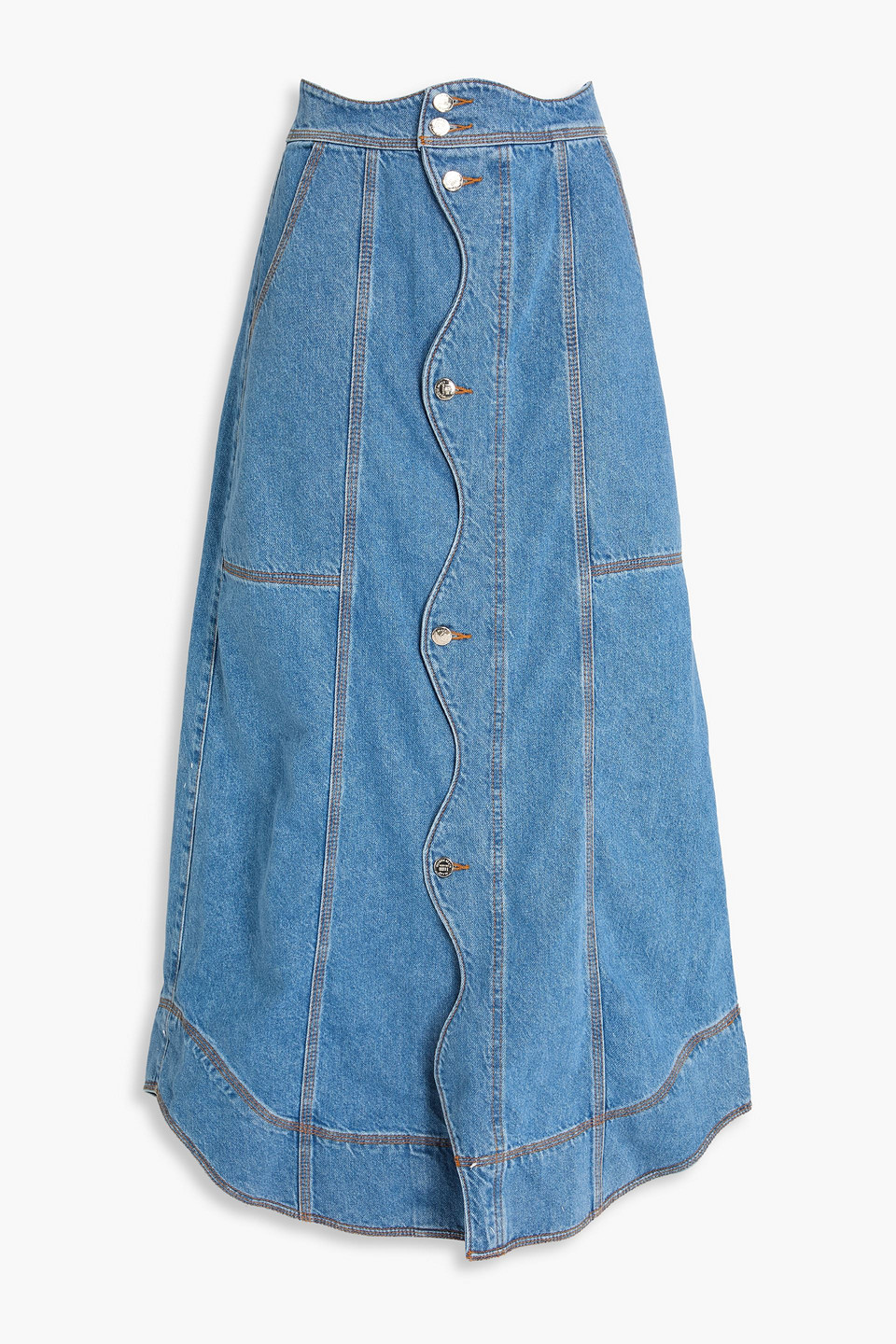 Farm Rio Scalloped Denim Maxi Skirt In Blue