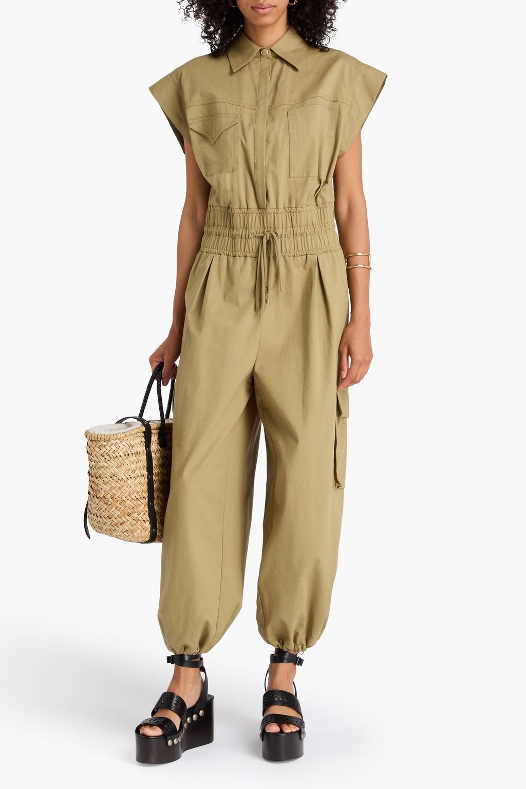 FARM RIO Cropped cotton-twill jumpsuit