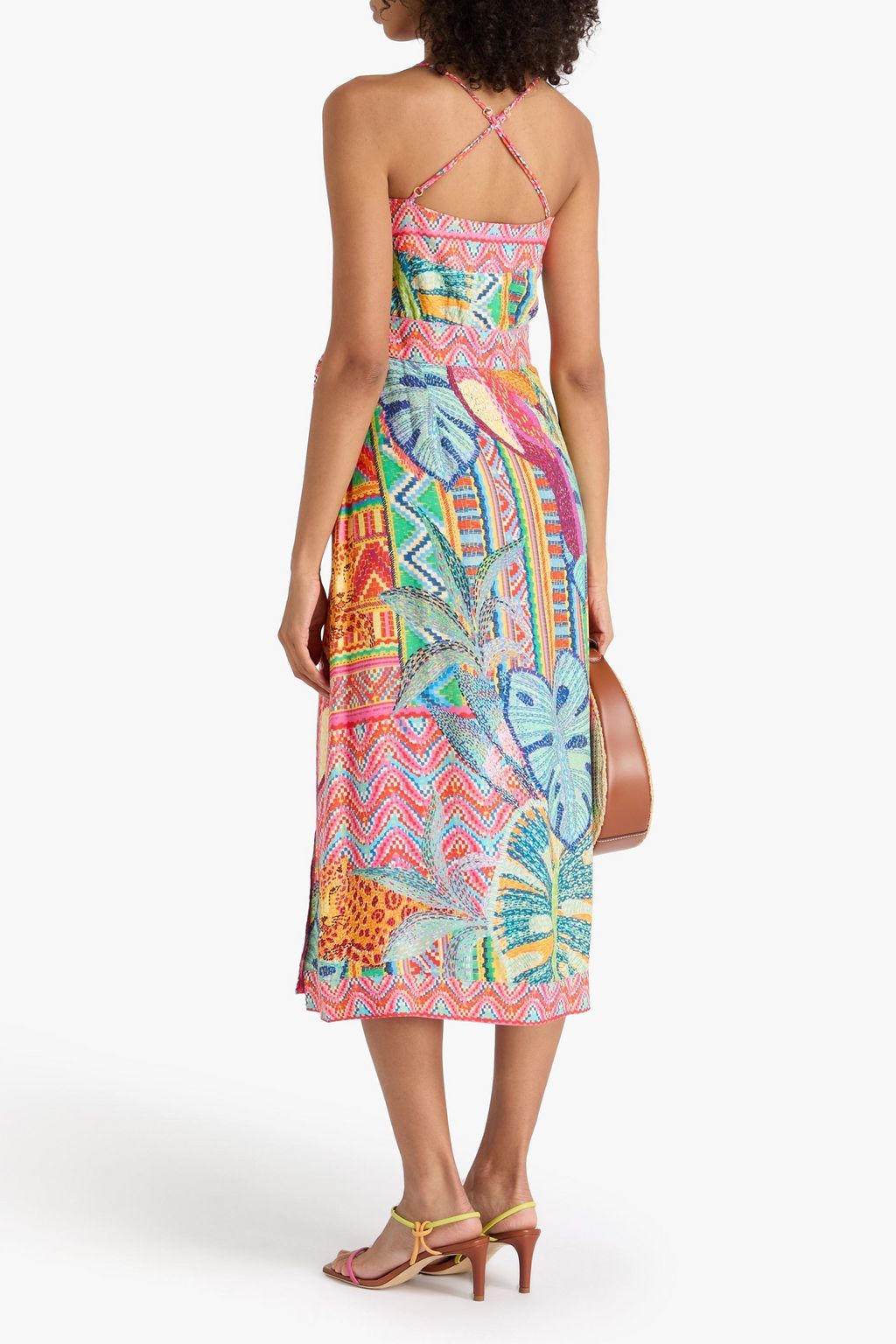 FARM RIO Fringed printed crepe midi wrap dress