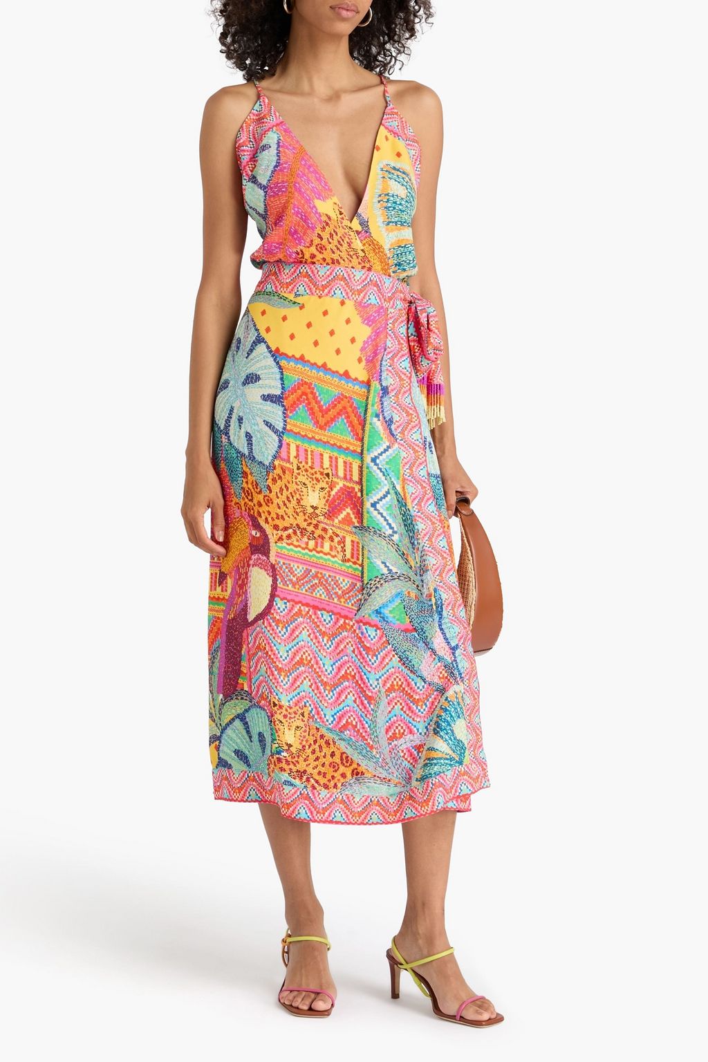 FARM RIO Fringed printed crepe midi wrap dress