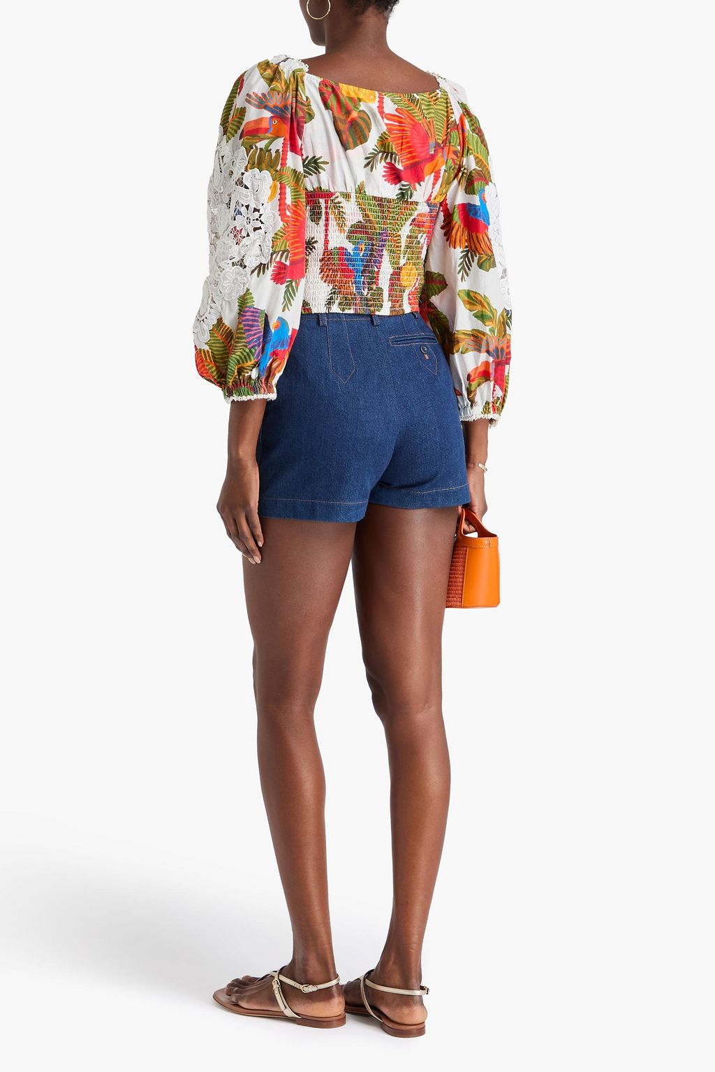FARM RIO Cropped lace-paneled printed cotton blouse