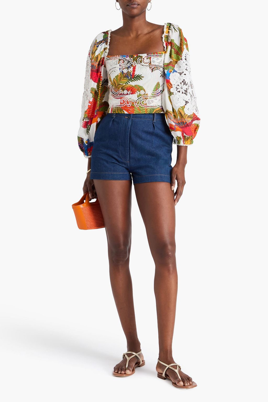 FARM RIO Cropped lace-paneled printed cotton blouse