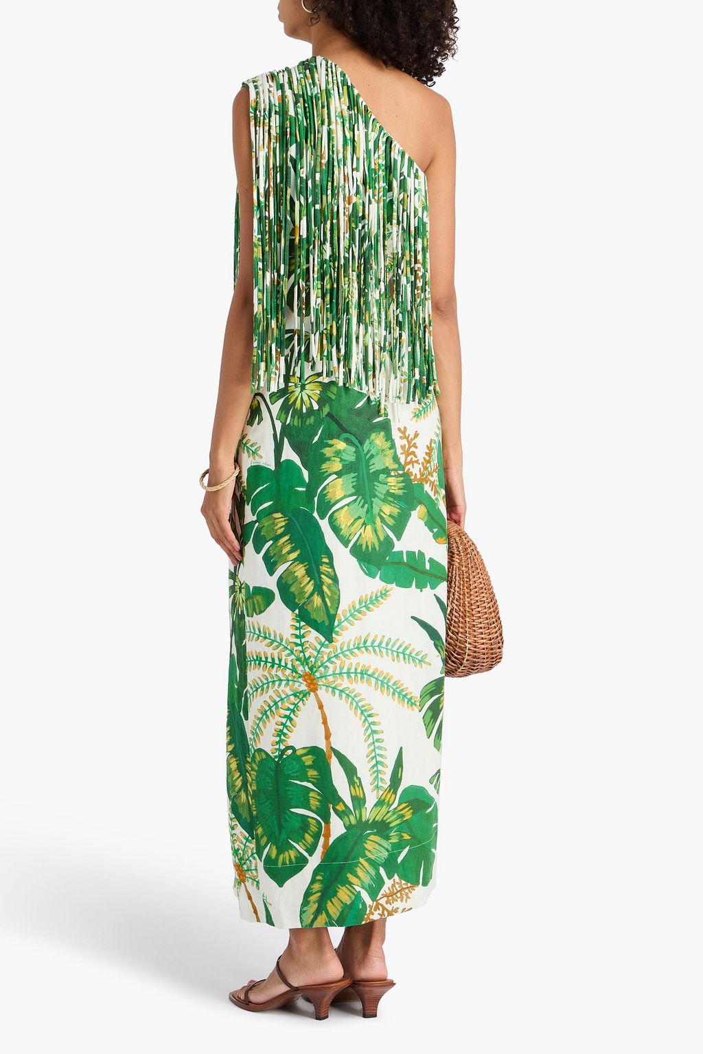 FARM RIO One-shoulder fringed printed linen-blend maxi dress