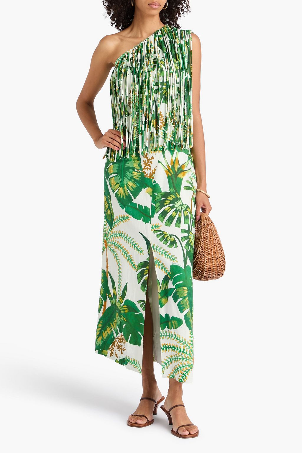 FARM RIO One-shoulder fringed printed linen-blend maxi dress