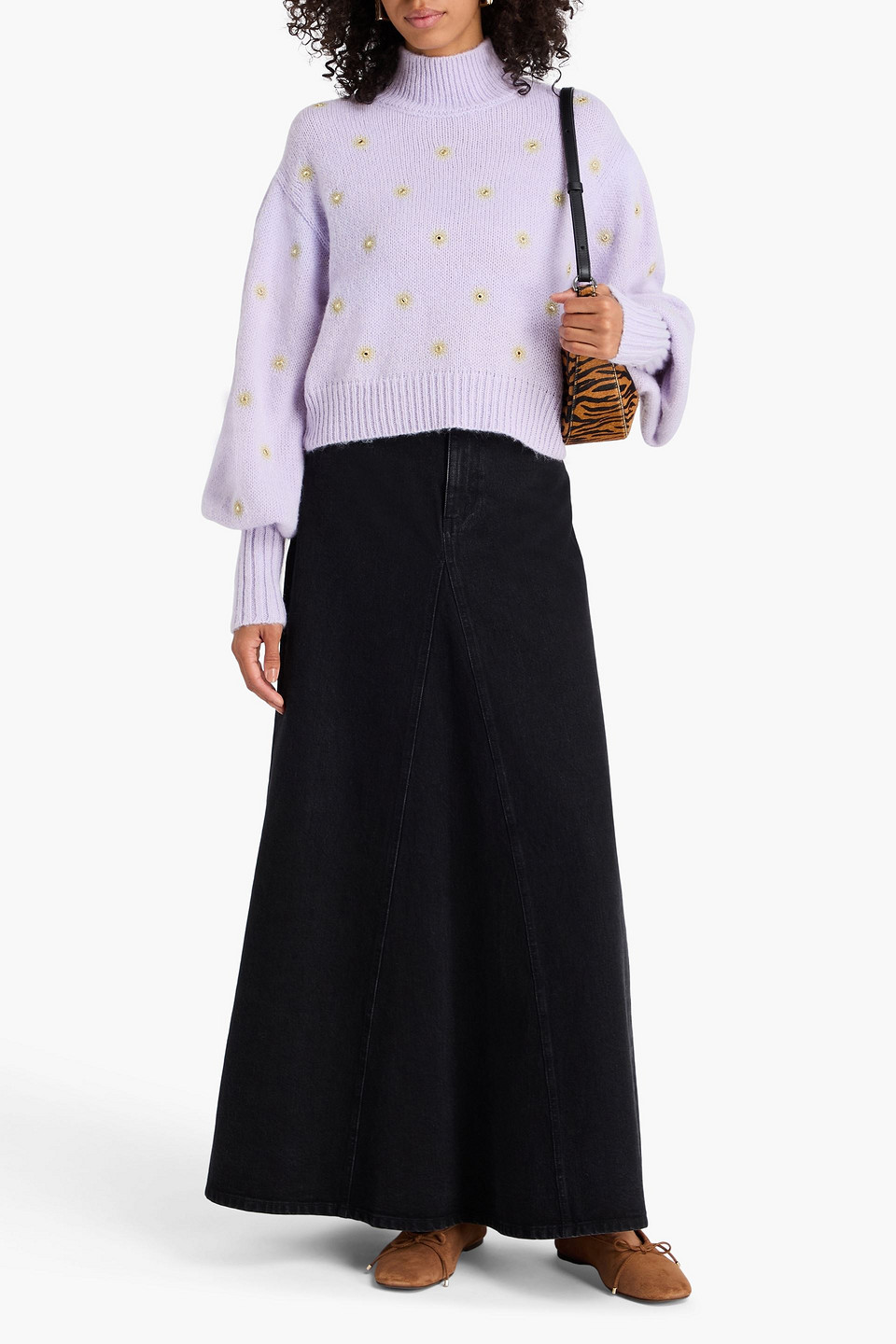  Farm Rio - Cropped Gestrickter Rollkragenpullover Mit Stickereien In Metallic-optik - Lila - Xl 