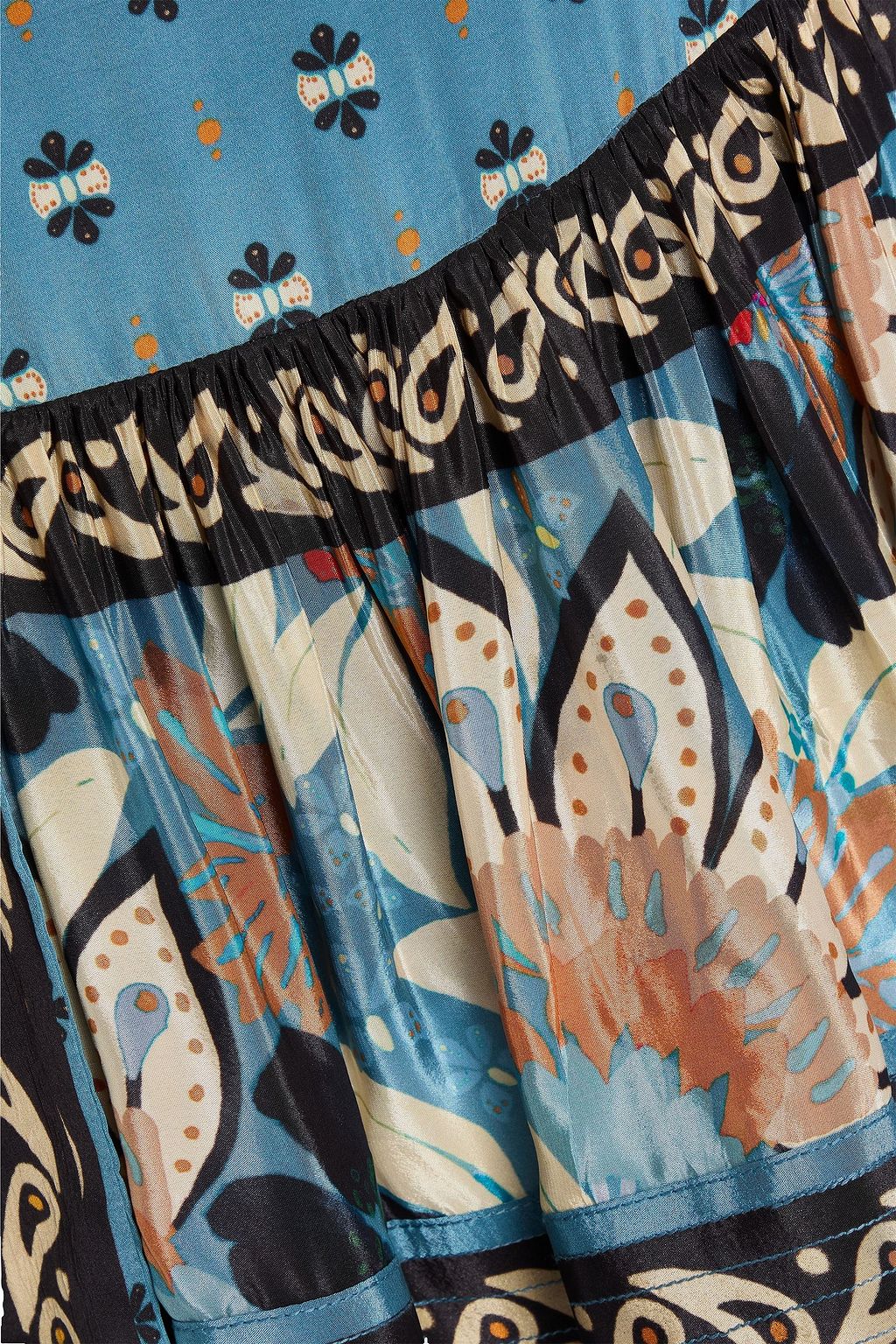 FARM RIO Gathered printed crepe de chine mini skirt