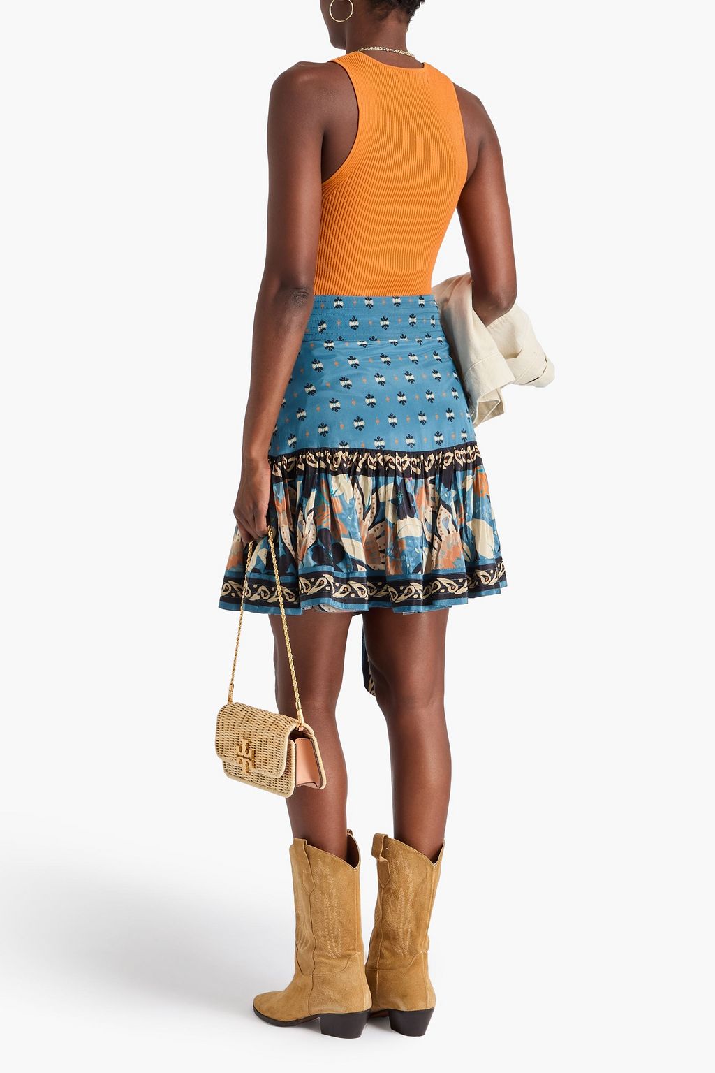 FARM RIO Gathered printed crepe de chine mini skirt
