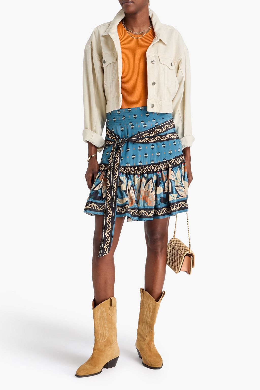 FARM RIO Gathered printed crepe de chine mini skirt