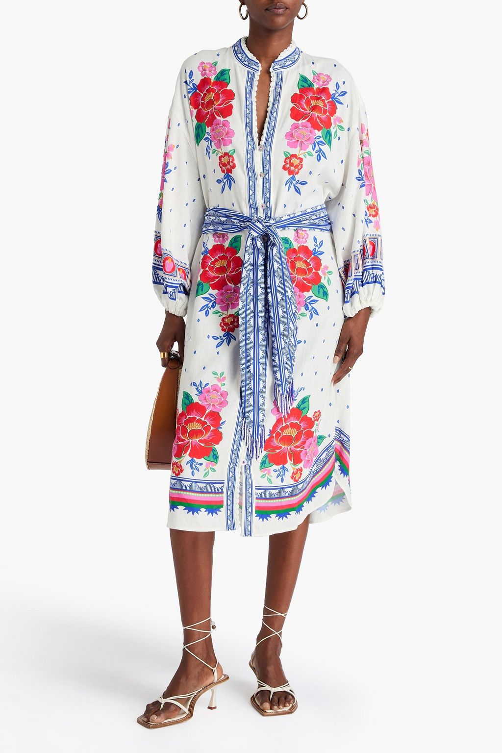 FARM RIO Kaftan aus einer Leinenmischung mit Gürtel und floralem Print