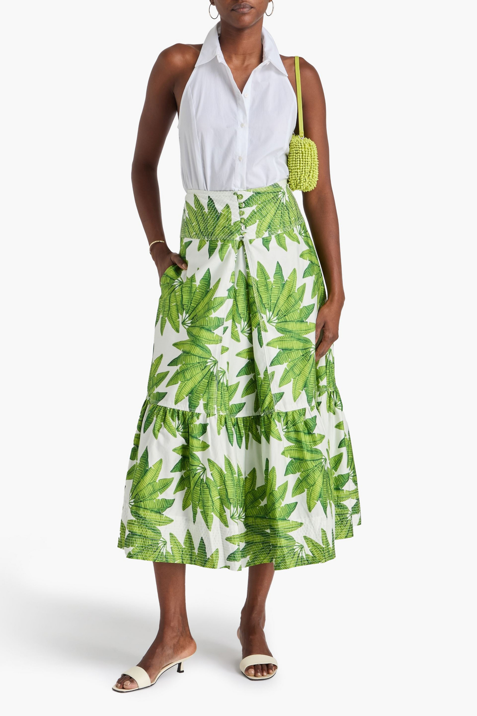 FARM Rio Pleated printed cotton-twill midi skirt