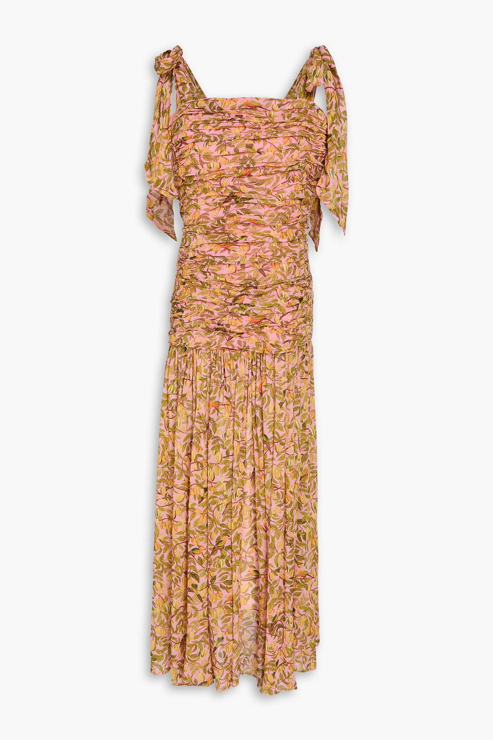 Farm Rio Pleated Printed Georgette Midi Dress In Orange