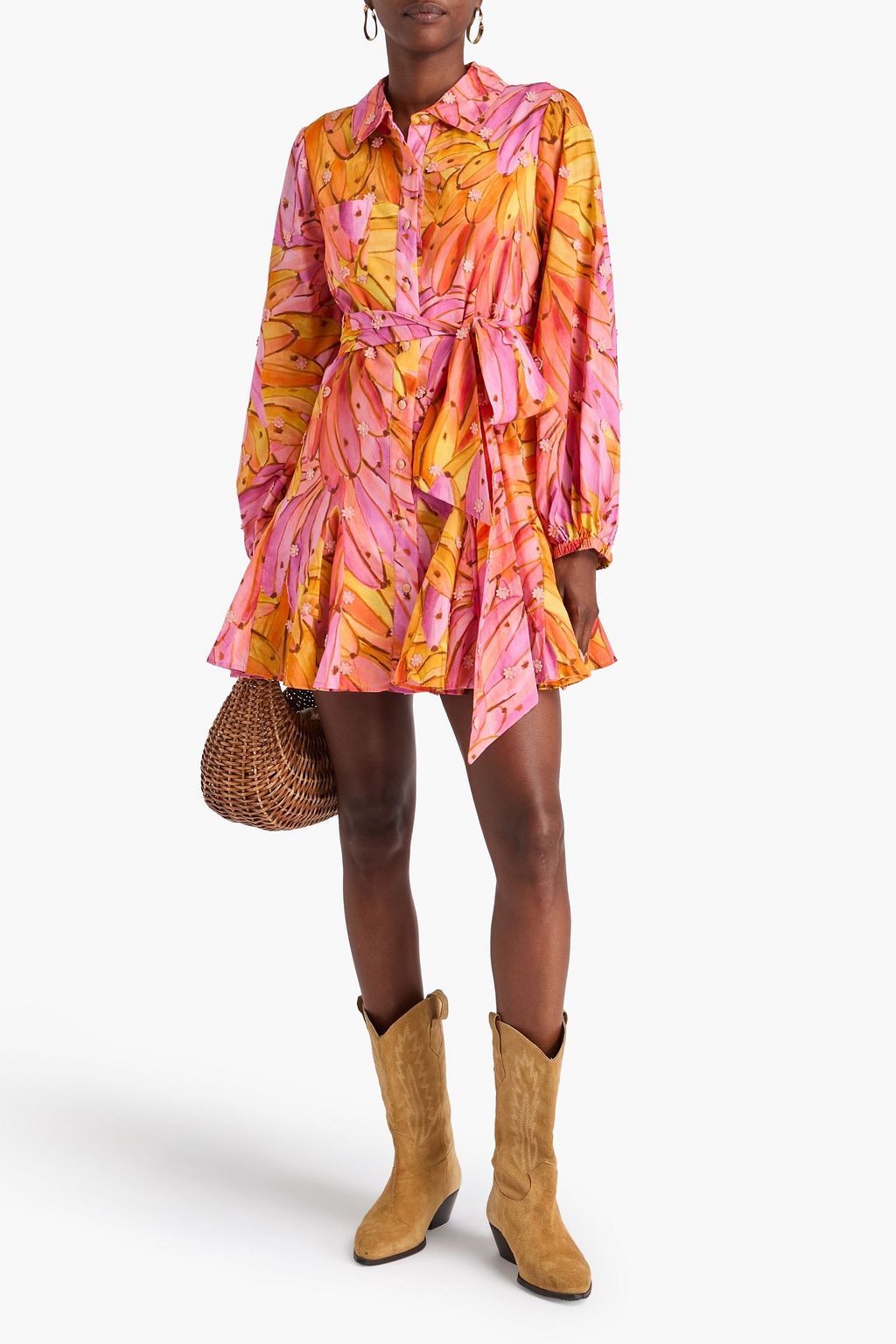 FARM RIO Printed cotton mini shirt dress