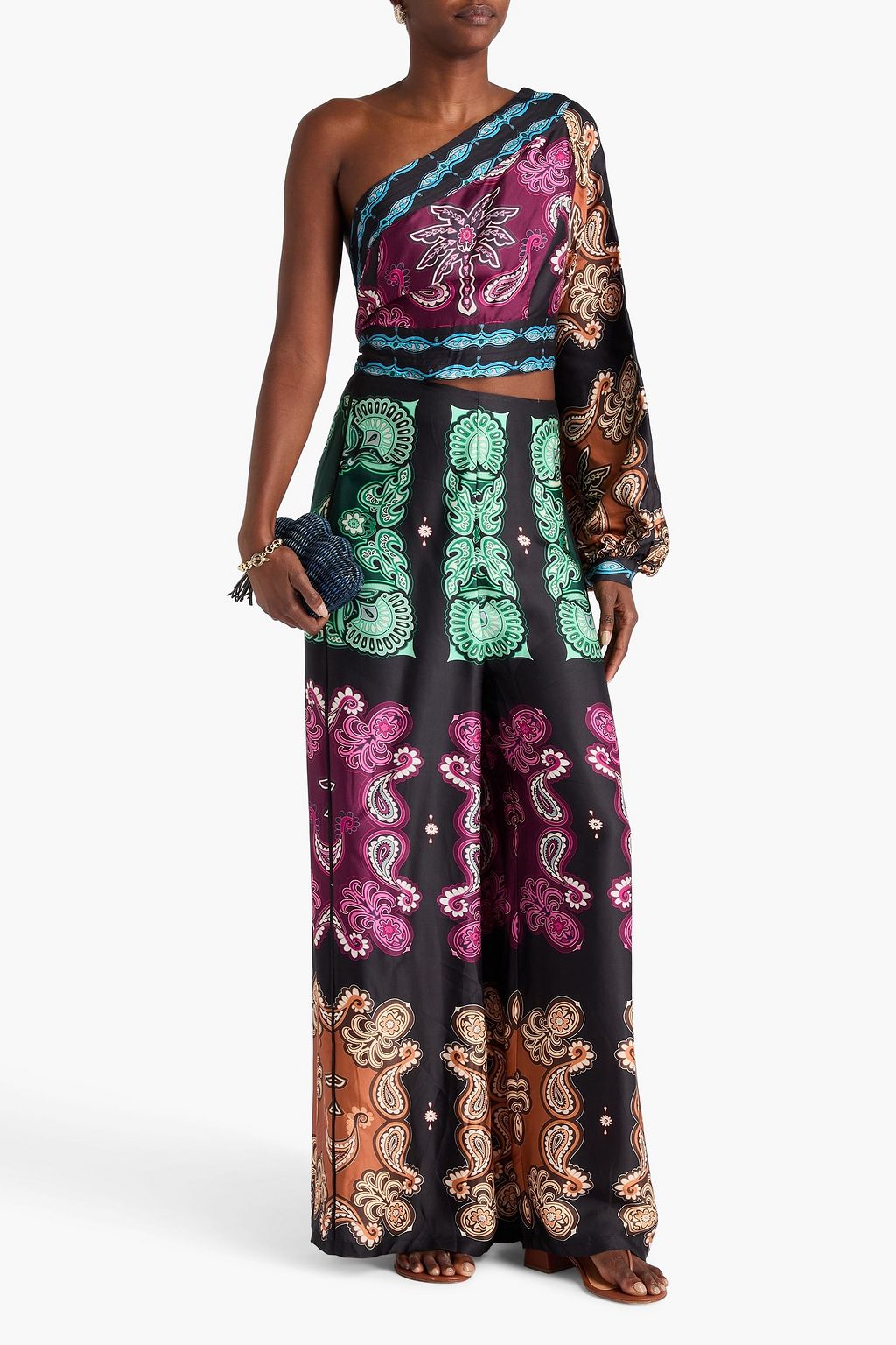 FARM RIO One-sleeve cutout paisley-print satin jumpsuit