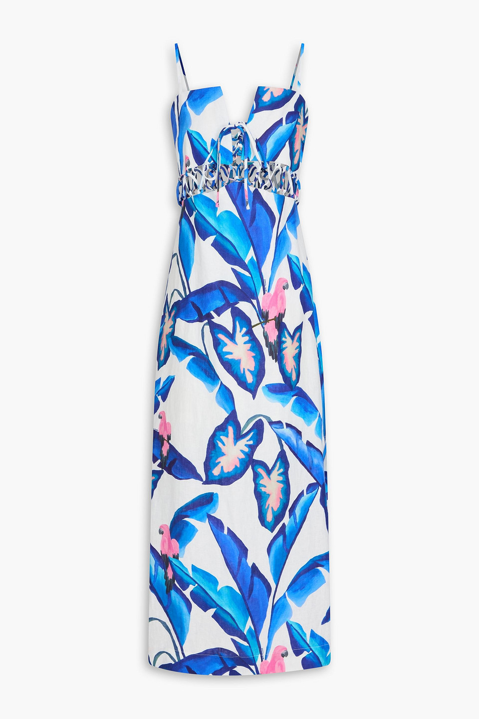 Farm Rio Lace-up Printed Linen Maxi Dress In Blue