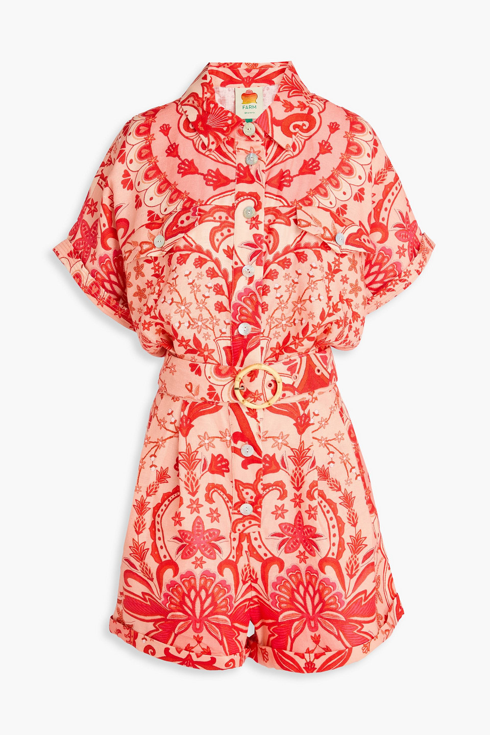 Farm Rio Belted Printed Linen Playsuit In Red