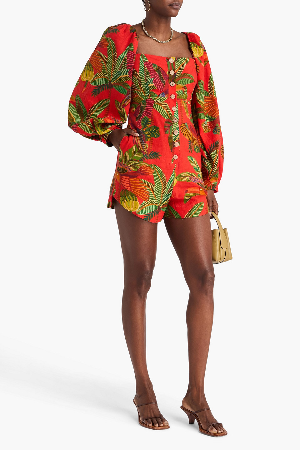  Farm Rio - Printed Linen-blend Playsuit - Red - Xs 