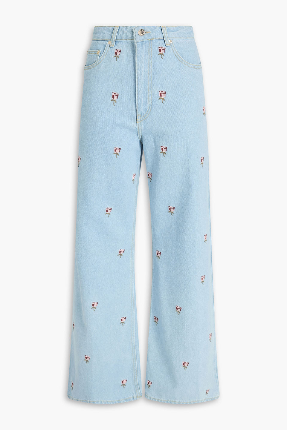 Farm Rio Embroidered High-rise Wide-leg Jeans In Blue