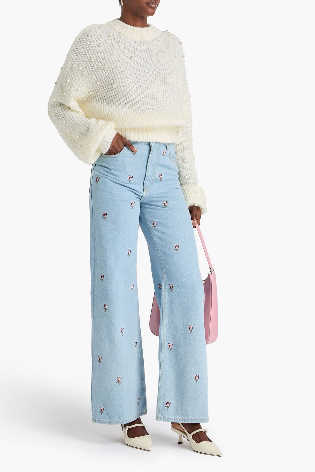 FARM RIO Embroidered high-rise wide-leg jeans