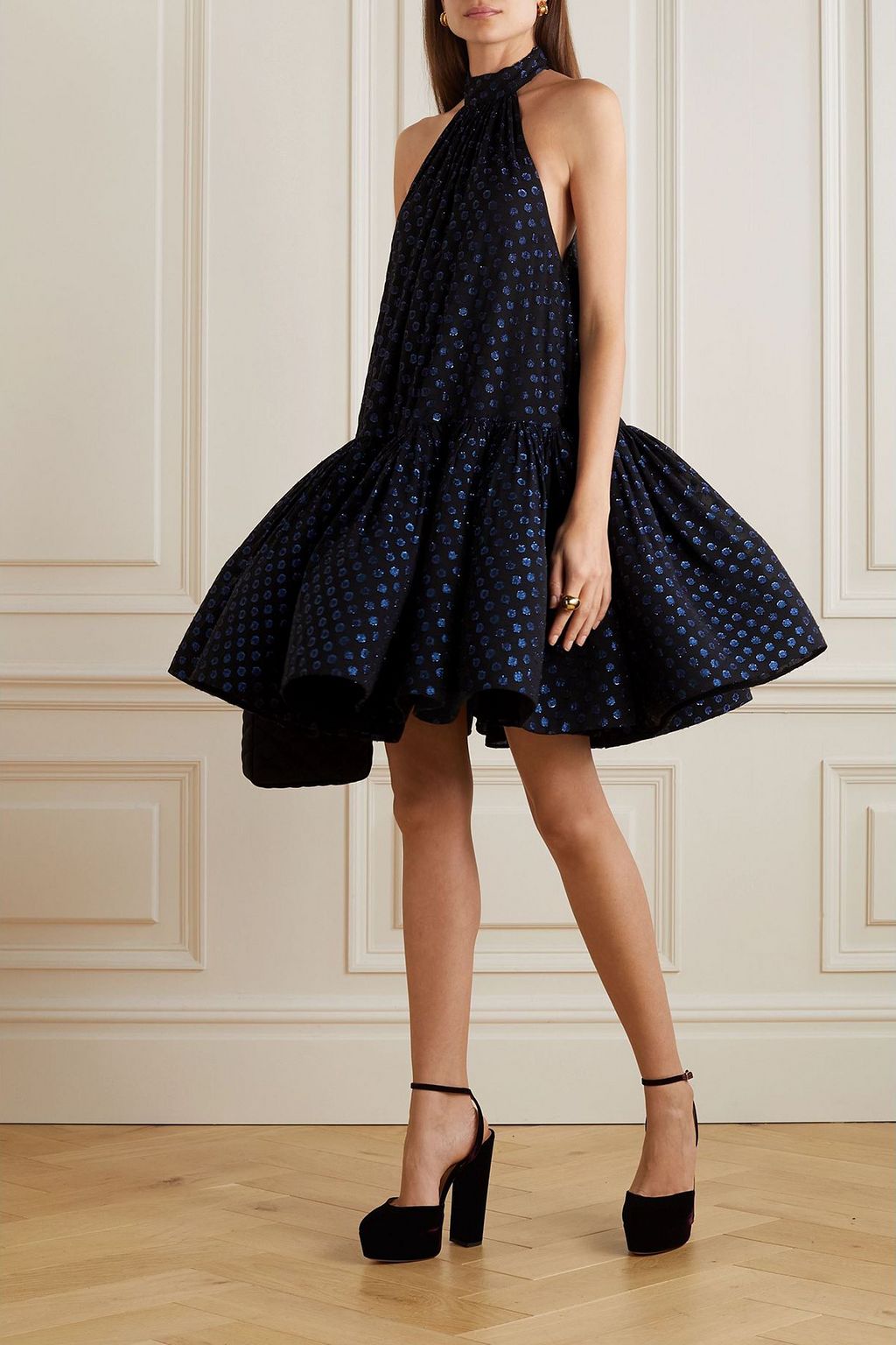 LANVIN Metallic polka-dot fil coupé silk-blend chiffon halterneck mini dress