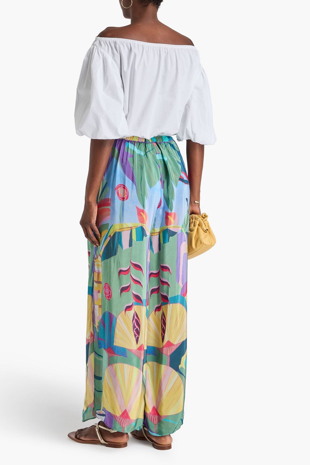 FARM RIO Pleated printed crepe de chine wide-leg pants