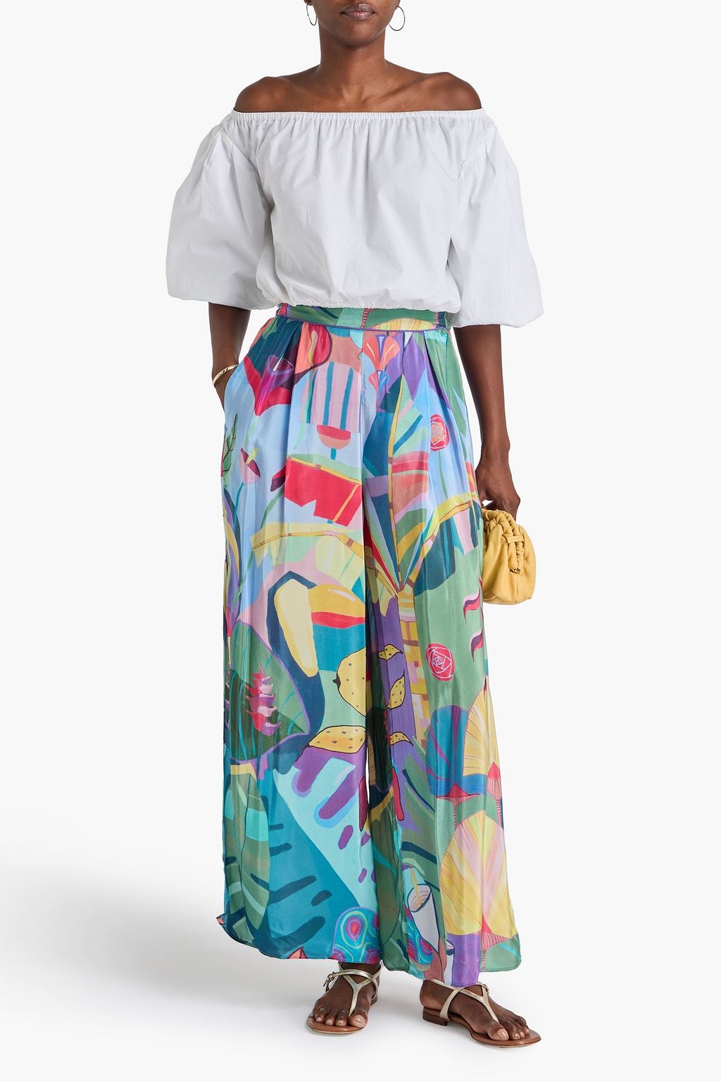 FARM RIO Pleated printed crepe de chine wide-leg pants