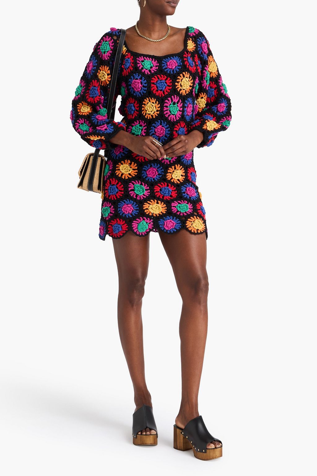 FARM RIO Scalloped crocheted cotton mini dress