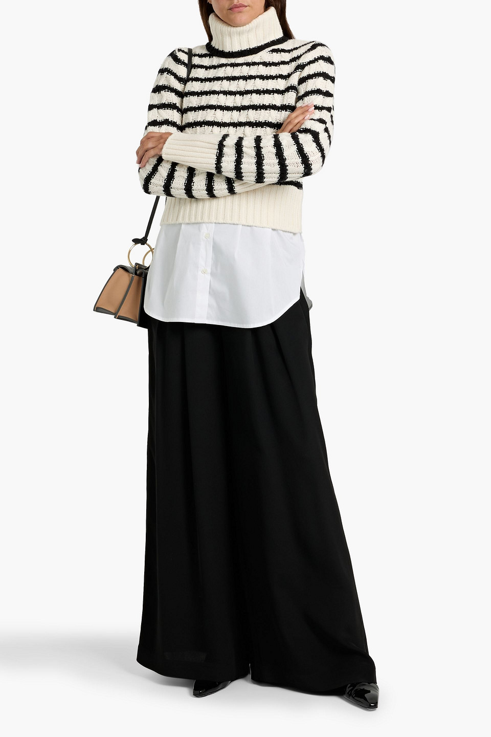 Veronica Beard Iyla Striped Cable-knit Wool And Cotton-blend Poplin Sweater In Nude