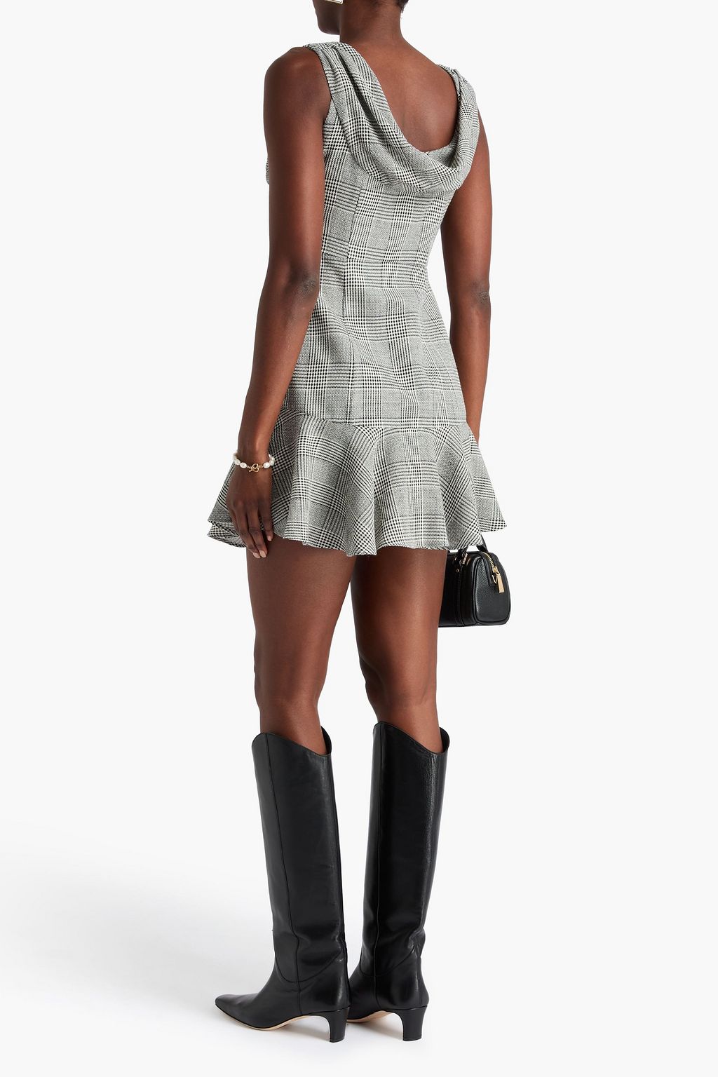 ALESSANDRA RICH Floral-appliquéd Prince of Wales checked wool-tweed mini dress
